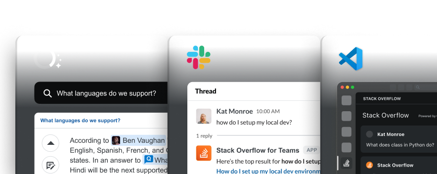 Images of the Enhanced Search, Slack app and Visual Studio Code integration